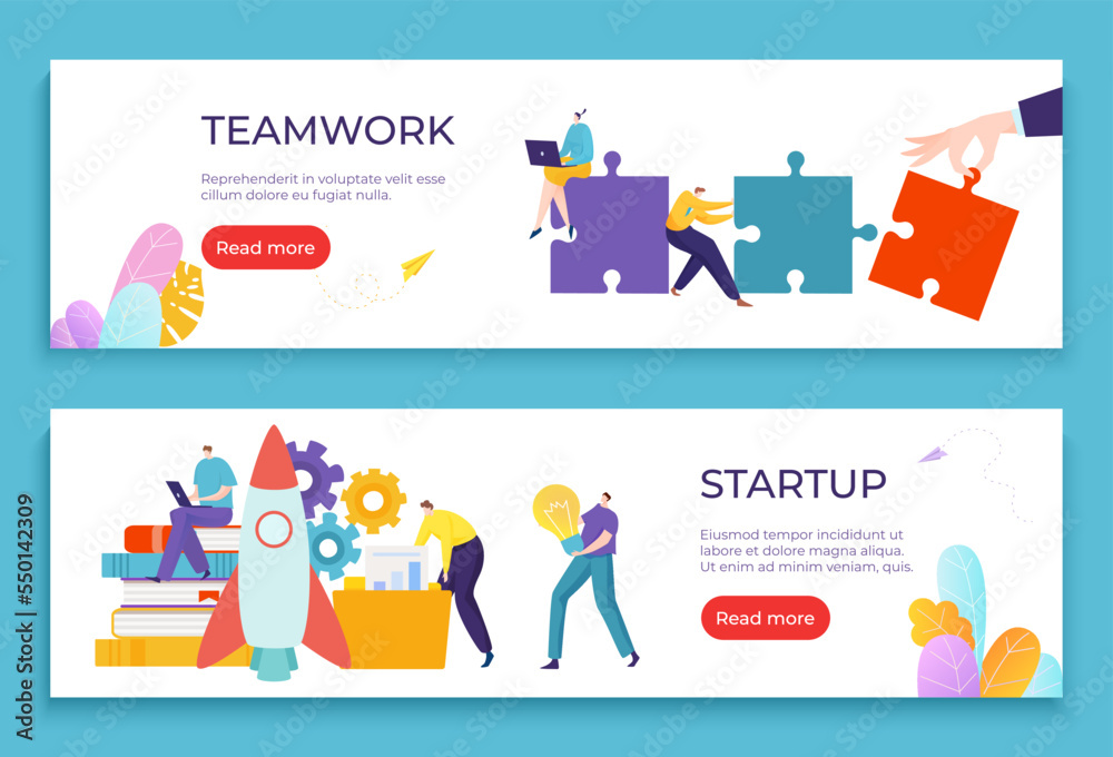 Teamwork business successful startup web banner set, company puzzle biz, rocket launch flat vector illustration read more button.