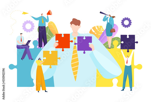 People together collect business puzzle, teamwork solution company firm problem flat vector illustration, isolated on white.