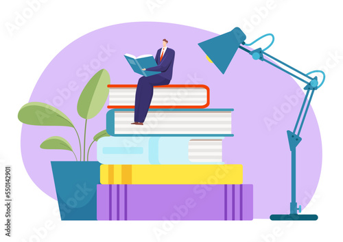 Businessman in suit sitting book stack, tiny male read textbook obtain knowledge table lamp flat vector illustration, isolated on white.