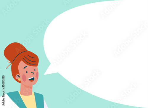 Woman face closeup say cloud conversation bubble empty blank banner, female dialogue conversation flat vector illustration.