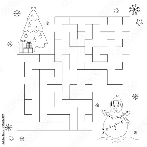 Christmas maze or labyrinth with snowman and christmas tree. Game for children. Vector lineart illustration isolated on white background. New Year and Christmas Illustrations. Coloring book