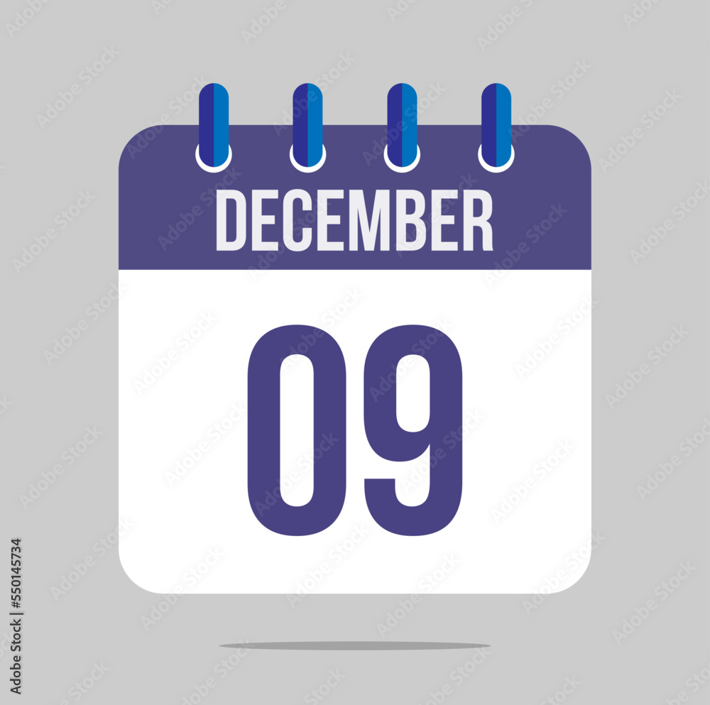 9 december calendar vector. Calendar icon for december with marked date. Design for schedules, meetings and appointments 9 december calendar vector. Calendar icon for december with marked date. Design for schedules, meetings and appointments