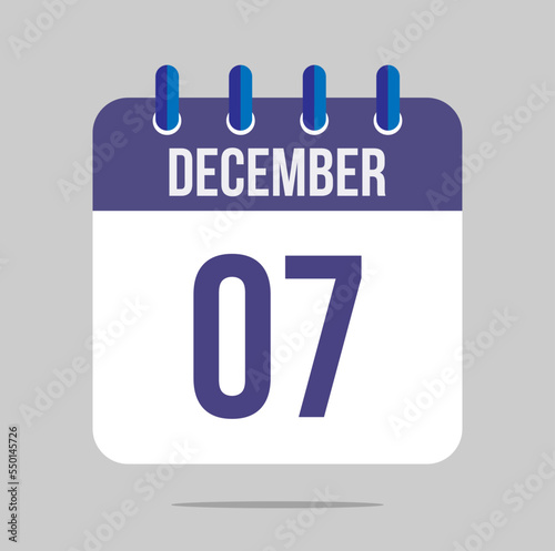 7 december calendar vector. Calendar icon for december with marked date. Design for schedules, meetings and appointments