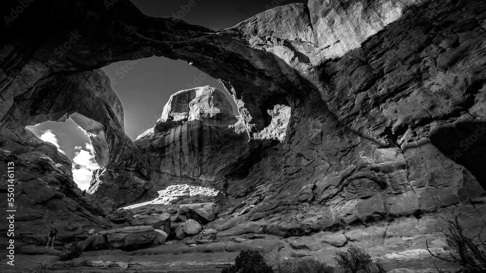 Black and White Photo of Double Arch in Arches National Park near Moab, Utah, United States