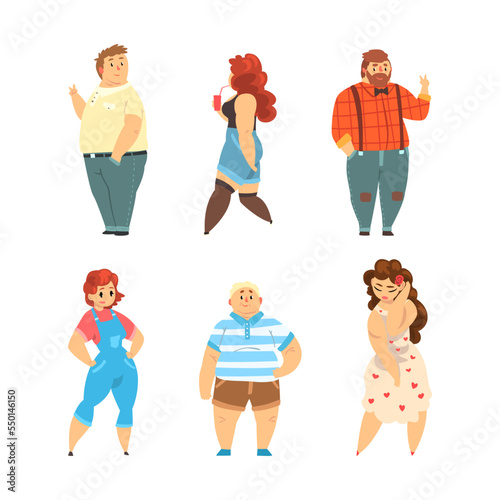 Plump and Plus Size Man and Woman Wearing Different Clothes with Curvy Body Vector Set