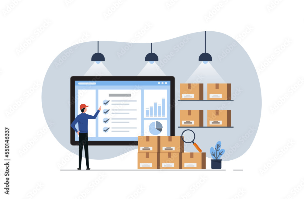 Inventory control by online system, inventory management with goods demand, professional worker is checking goods and stock supply - obrazy, fototapety, plakaty 