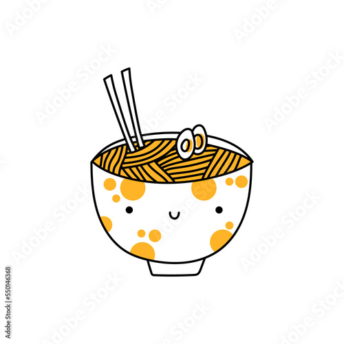 Cute ramen noodle. Cartoon kawaii korean ramen. Doodle vector noodles