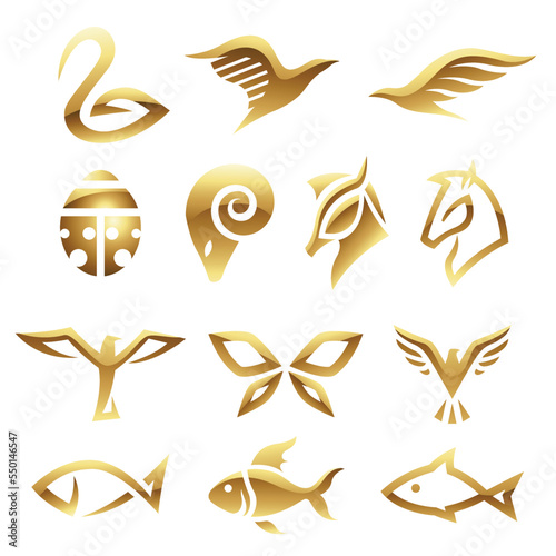Golden Glossy Abstract Animal Icons on a White Background