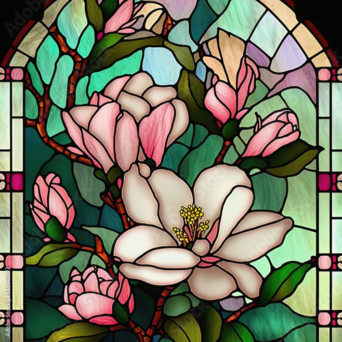 Arch stained glass window motive with magnolia flowers. Digitally generated image. Not based on any actual scene or pattern
