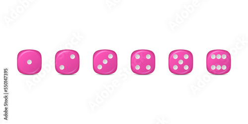 Vector 3d Realistic Pink Game Dice Icon Set Closeup Isolated. Game Cubes for Gambling, Casino Dices From One to Six Dots, Round Edges