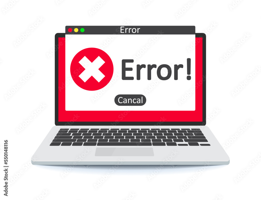 Error message on laptop screen. Error warning sign on the screen of a computer device. Error message on laptop screen. Error warning sign on the screen of a computer device.