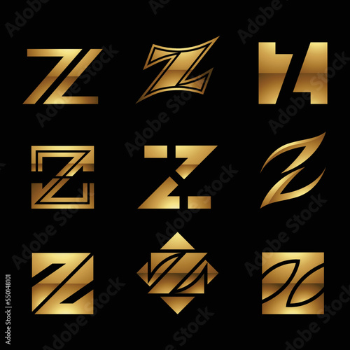 Golden Glossy Letter Z Icons on a Black Background