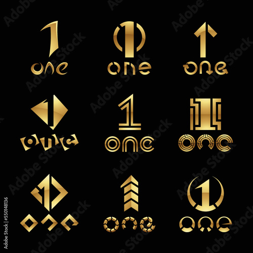 Golden Glossy Number 1 Icons on a Black Background