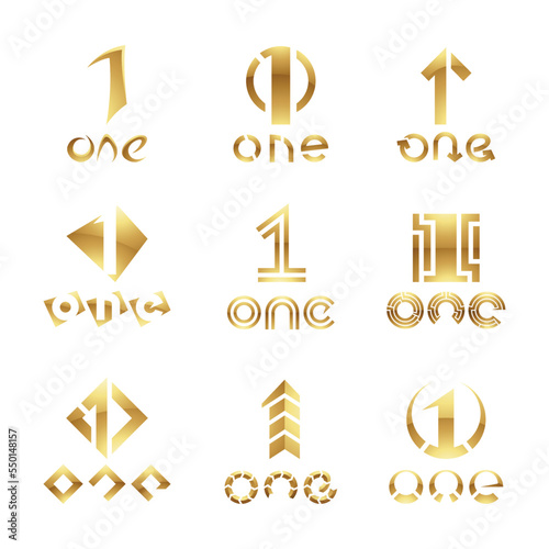 Golden Glossy Number 1 Icons on a White Background