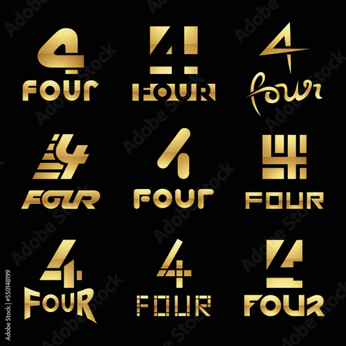 Golden Glossy Number 4 Icons on a Black Background