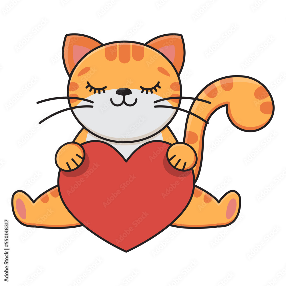Cartoon red cat holding a red heart. Childrens print. Vector sticker. Vector illustration