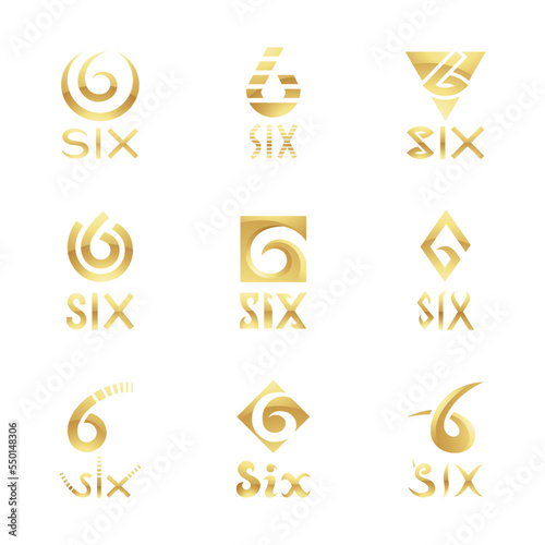 Golden Glossy Number 6 Icons on a White Background