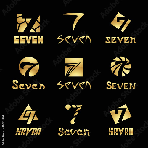 Golden Glossy Number 7 Icons on a Black Background
