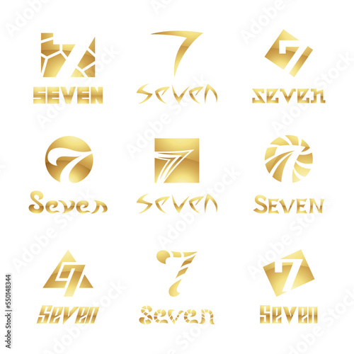 Golden Glossy Number 7 Icons on a White Background