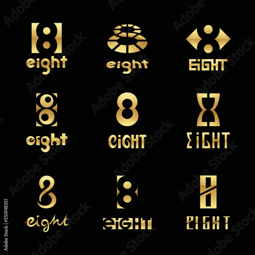 Golden Glossy Number 8 Icons on a Black Background