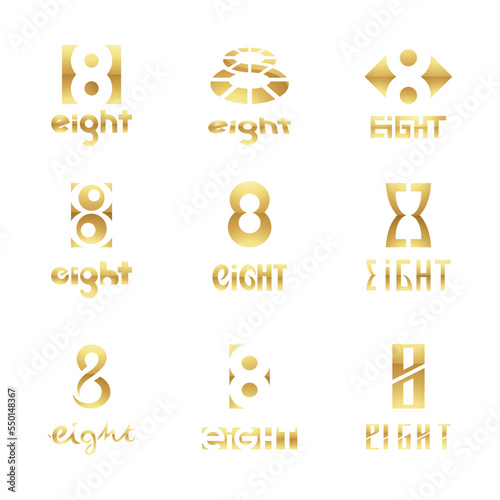 Golden Glossy Number 8 Icons on a White Background