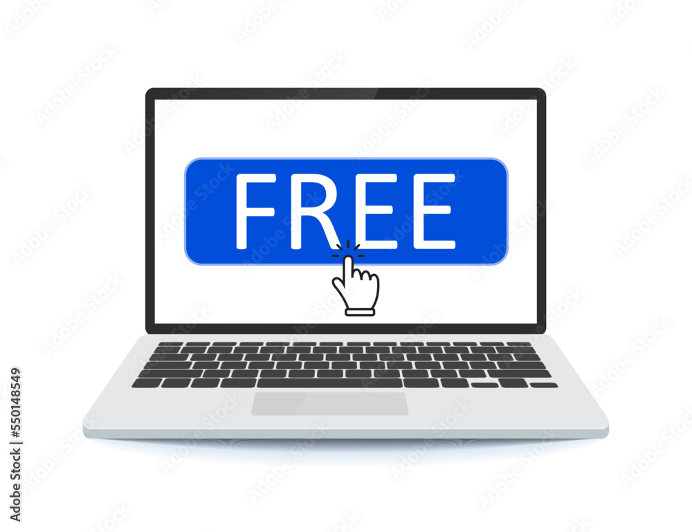 Free button on a laptop with a cursor. vector illustration. Free button on a laptop with a cursor. vector illustration.