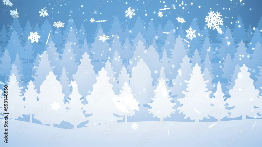 2d winter landscape with trees and snow blue flat style parallax animated background, digital looping animation perfect for christmas greetings


