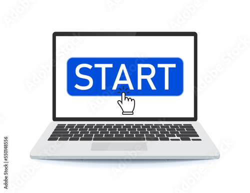 Start button on a laptop with a cursor. Vector illustration.