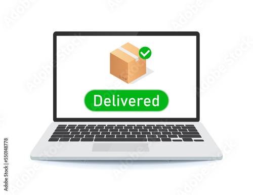 online order with check mark on laptop icon vector, internet parcel postal package delivered with check mark electronic approval on screen