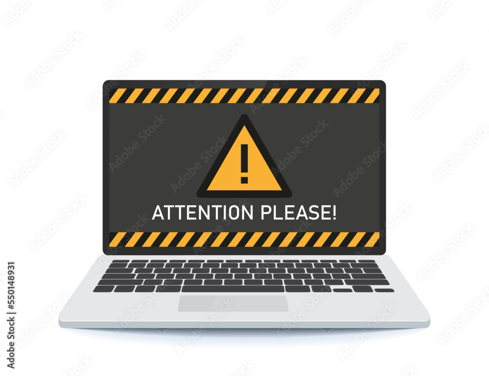 Laptop warning sign. Computer notice, exclamation point. Laptop warning sign. Computer notice, exclamation point.