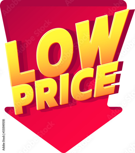 Low price red arrow down discount label, Promo offer for sale, tag.