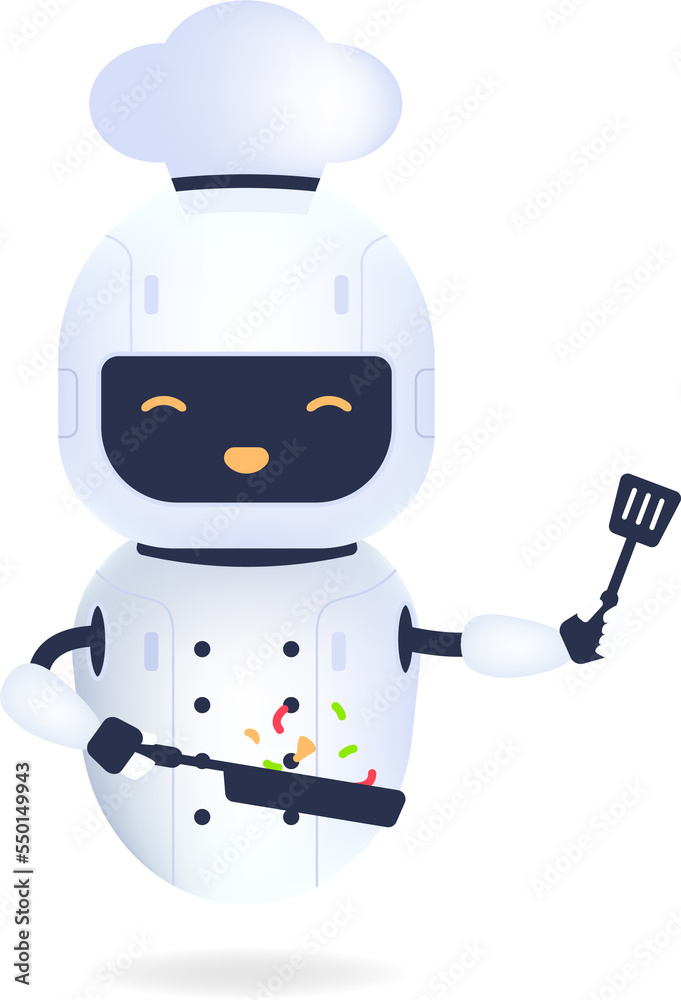 White friendly chef robot with pan and turner. Cooking Robot Artificial Intelligence concept. White friendly chef robot with pan and turner. Cooking Robot Artificial Intelligence concept.