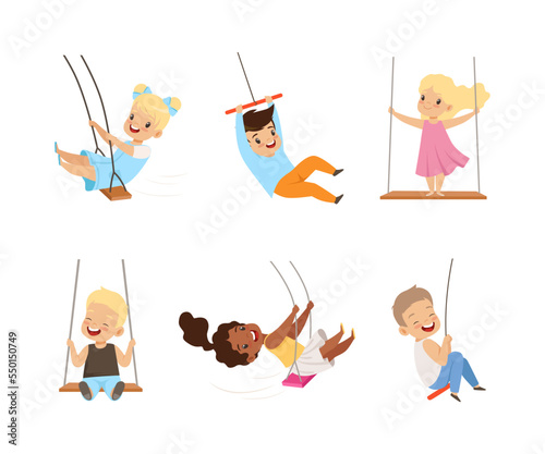 Cute Little Kids Swinging on Rope Swings Having Fun Outdoor Vector Set
