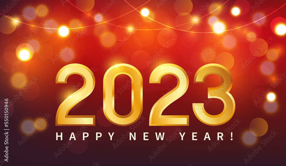 Happy New Year 2023. Greeting banner with glittering festive lights. Vector illustration.