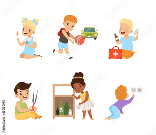 Little Kids in Dangerous Situations Playing with Fire, Ball, Medicines, Electricity and Toxic Liquid Vector Set