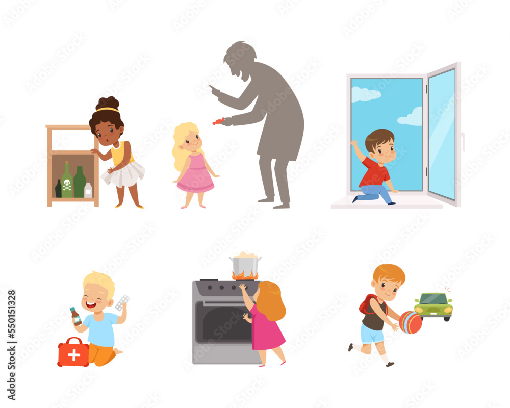 Little Kids in Dangerous Situations Playing with Fire, Near Open Window, Ball on the Road, Medicines, Toxic Liquid and Talking to Stranger Vector Set Little Kids in Dangerous Situations Playing with Fire, Near Open Window, Ball on the Road, Medicines, Toxic Liquid and Talking to Stranger Vector Set
