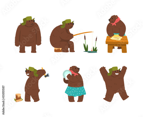 Humanized Brown Bear Character in Hat with Earflaps Chopping Wood, Washing Dishes and Fishing Vector Set