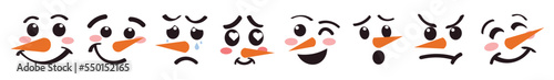 Different faces of cute snowmen on white background