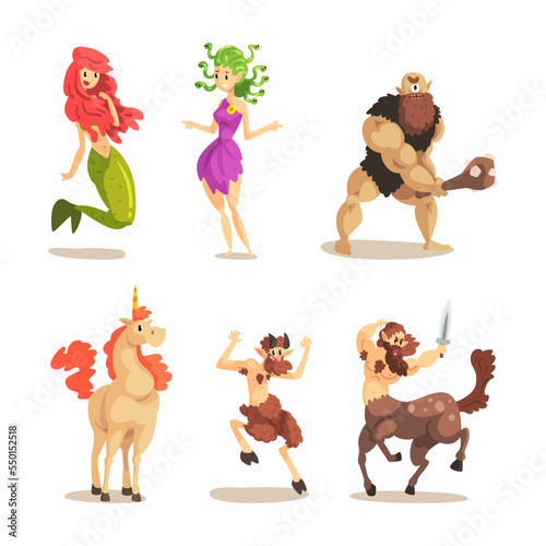 Various Magical Mythical Creatures with Mermaid, Medusa, Cyclops, Centaur, Faun and Unicorn Vector Set