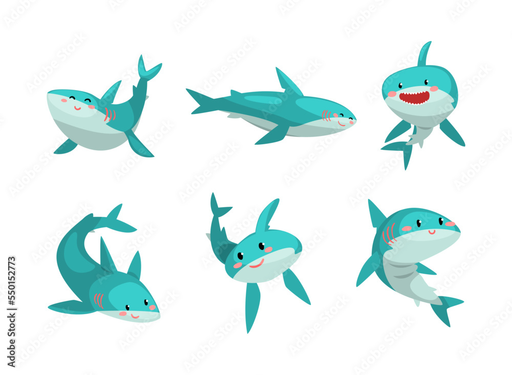 Comic Blue Shark with Fins as Marine Animal Smiling and Floating in the Ocean Vector Set Comic Blue Shark with Fins as Marine Animal Smiling and Floating in the Ocean Vector Set