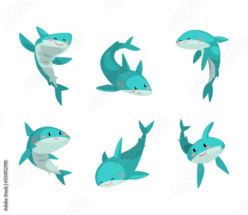 Comic Blue Shark with Fins as Marine Animal Smiling and Floating in the Ocean Vector Set