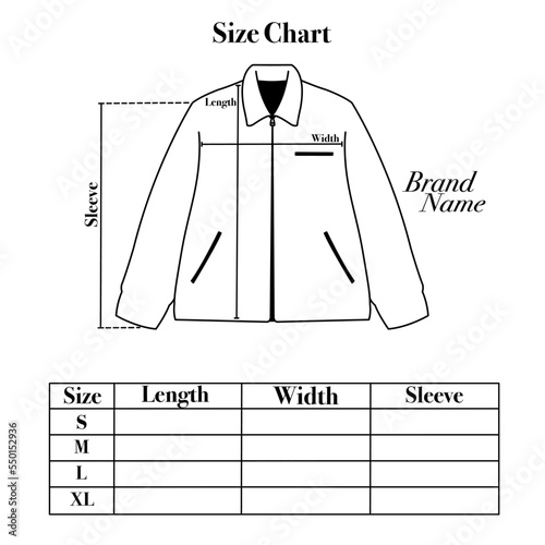 Size chart for work jackets that can be edited as needed. This design is for fashion brands, selling products, templates, advertisements, and others. Vector illustration.