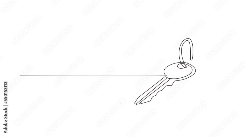 Animated self drawing of continuous line draw house key with blank isolated on white background. Concept of privacy, security, protection. Illustration in flat style. Full length single line animation