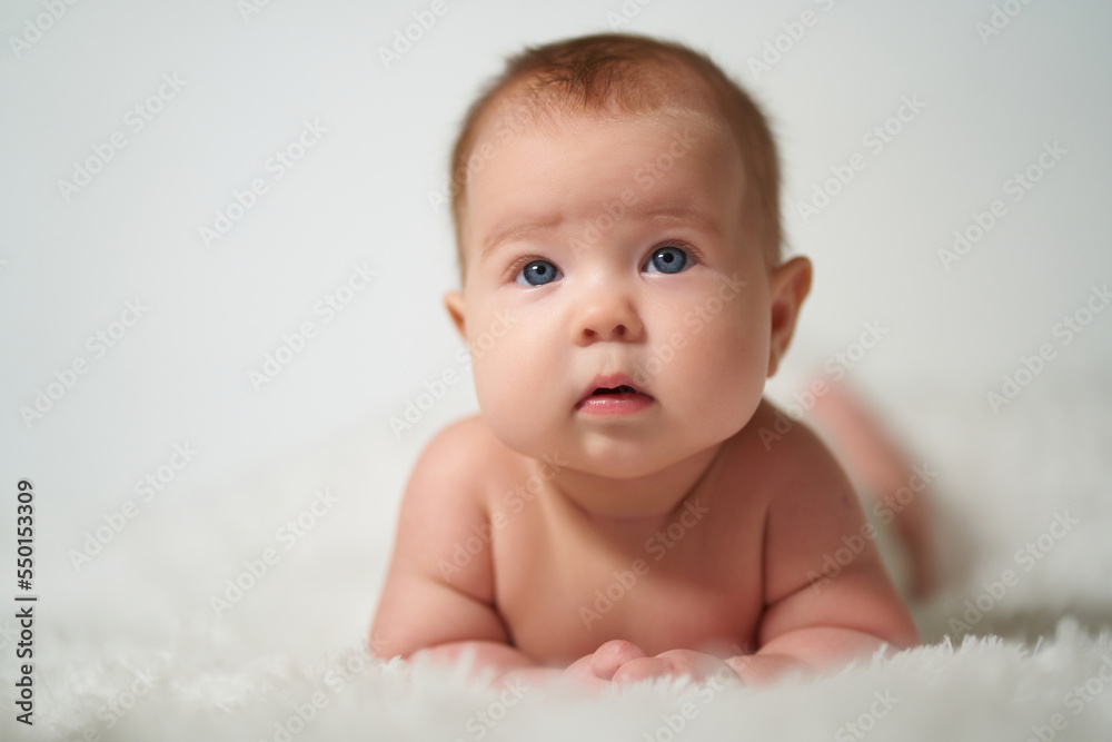 portrait of a quiet baby lying on his belly against a white background portrait of a quiet baby lying on his belly against a white background