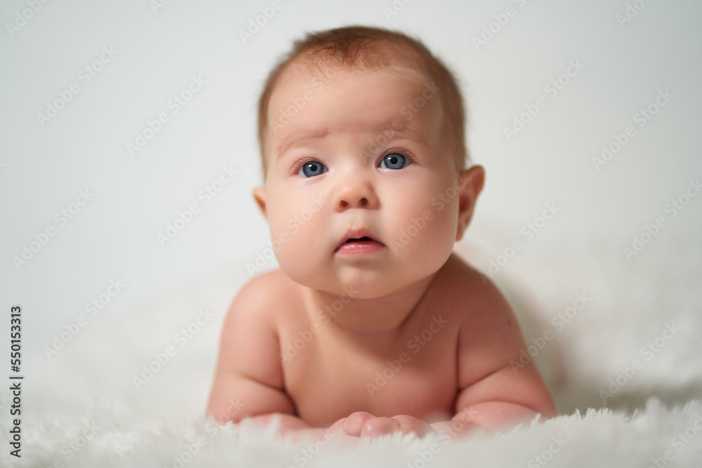 portrait of a quiet baby lying on his belly against a white background portrait of a quiet baby lying on his belly against a white background