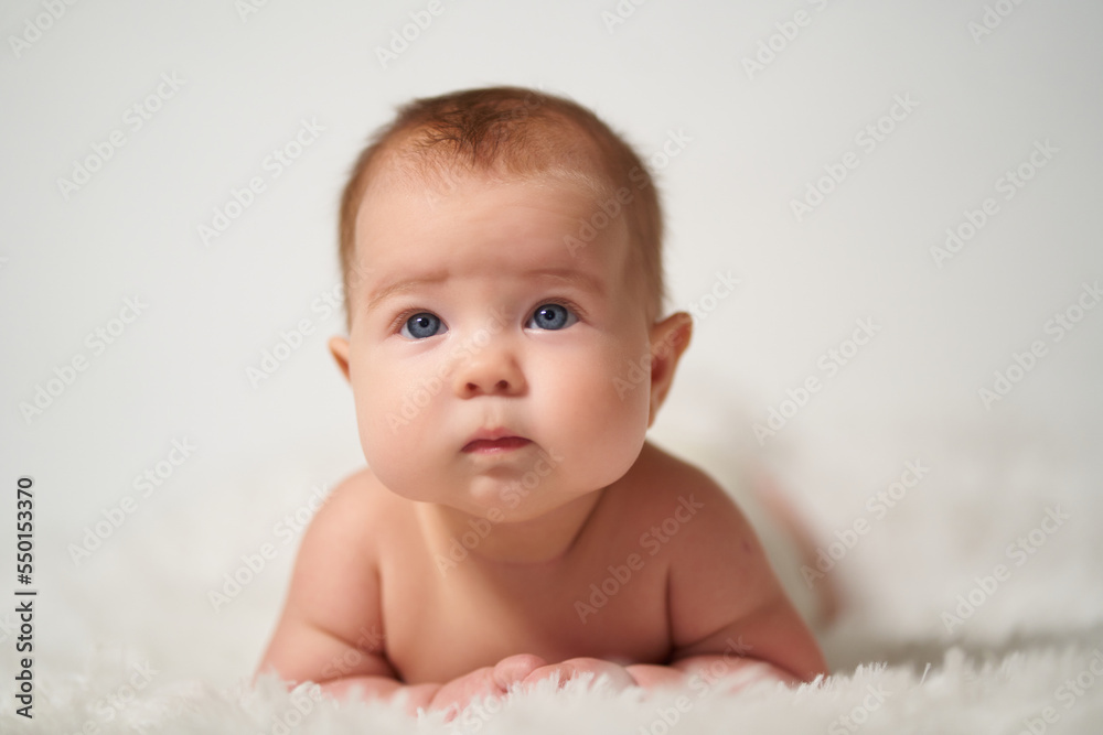 portrait of a quiet baby lying on his belly against a white background portrait of a quiet baby lying on his belly against a white background