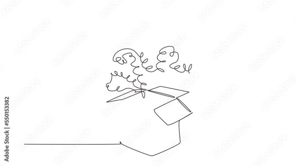 Animated self drawing of single continuous line draw open gift box and confetti. Enter to win prizes. Present package with bursting elements, surprise inside, birthday. Full length one line animation