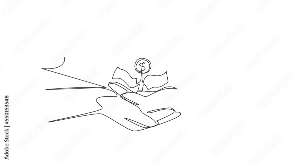 Self drawing animation of single line draw hands holding money tree. Hand of businessman who pours money tree. Concept of earnings, success in work, money. Continuous line draw. Full length animated