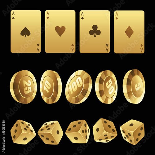 Golden Playing Cards Roulette Chips and Dices on a Black Background