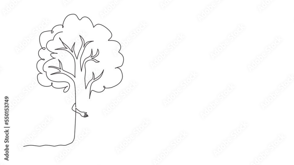 Self drawing animation of single line draw man hugging tree in park